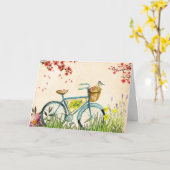 花と黄色の鳥の青い自転車バスケット カード (黄色い花)