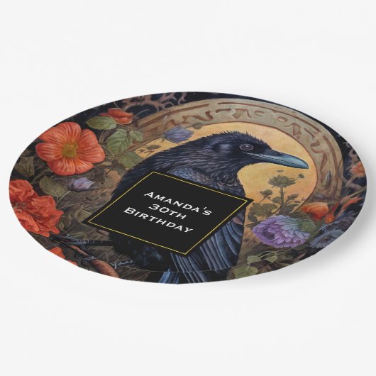 花と黒いカラスゴシックデザイン誕生日 ペーパープレート (アングル)