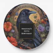 花と黒いカラスゴシックデザイン誕生日 ペーパープレート (正面)