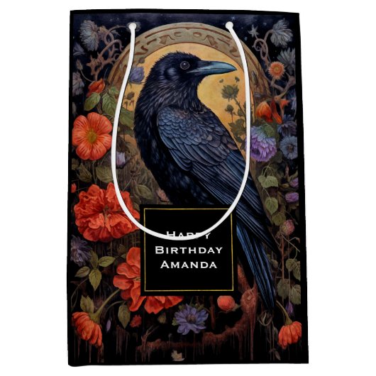 花と黒いカラスゴシックデザイン誕生日 ミディアムペーパーバッグ (正面)