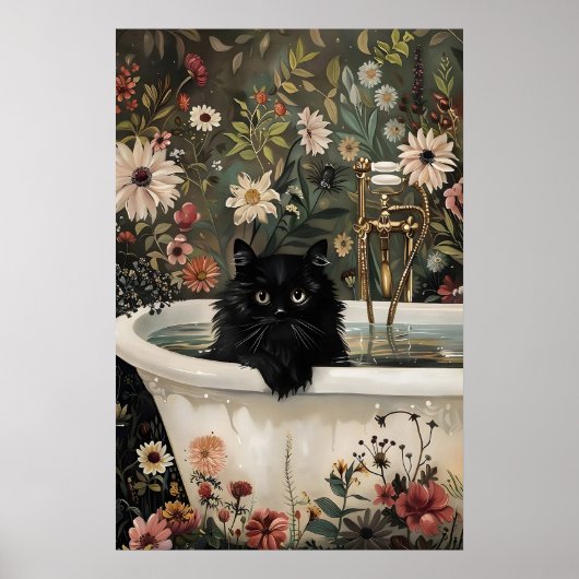 花と黒猫のバスルームプリント, 植物学的な花 ポスター (正面)
