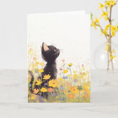 花と黒猫 カード (黄色い花)