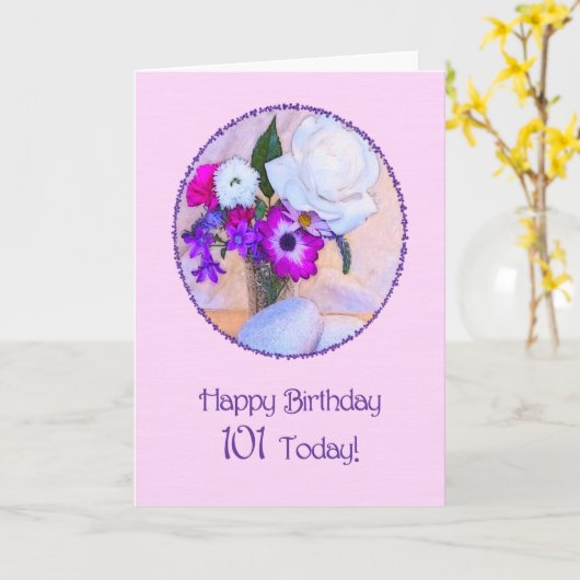 花と101歳の誕生日絵を描おめでとう カード (黄色い花)