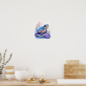 花にカラフル囲まれた可愛い亀 ポスター (キッチン)