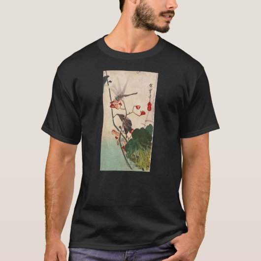 花にトンボ、広重のトンボおよび花、Hiroshige、Ukiyo-e Tシャツ (正面)
