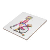 花にピンクのバイクと猫をつけたかわいいブロンドの女の子 タイル (側面)