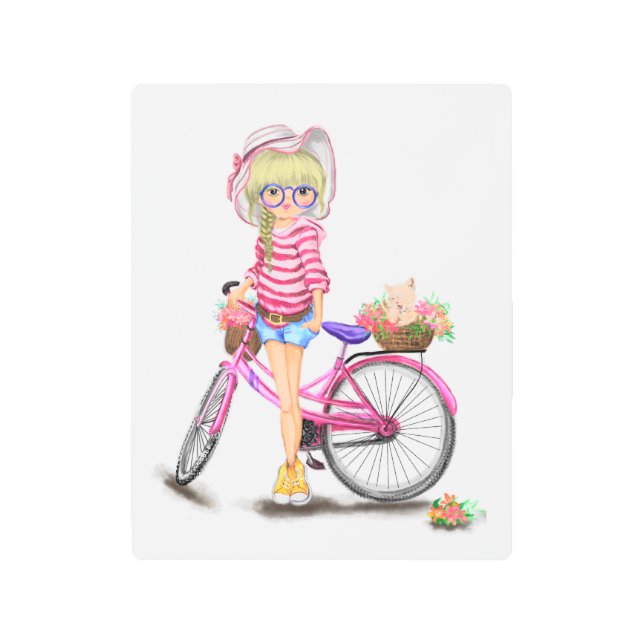 花にピンクのバイクと猫をつけたかわいいブロンドの女の子 メタルプリント (正面)