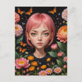 花にピンクの髪を持つかわいい女の子 ポストカード (正面)