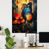 花に咲くステンドグラス鮮やか蝶 ポスター (ホームオフィス)