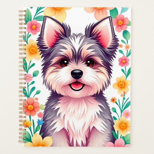 花に囲まれたかわいいカラフル犬 プランナー手帳 (正面)