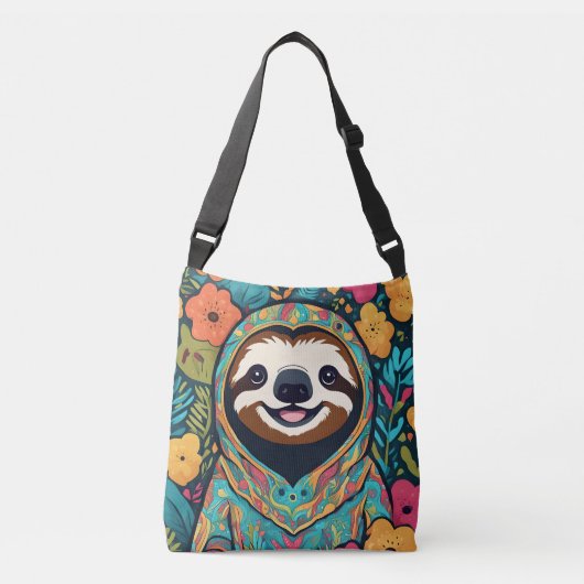 花に囲まれたかわいいナマケモノ クロスボディバッグ (正面)