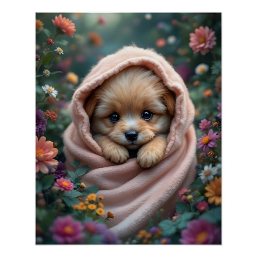 花に囲まれたかわいい小さなふわふわの子犬 ポスター (正面)