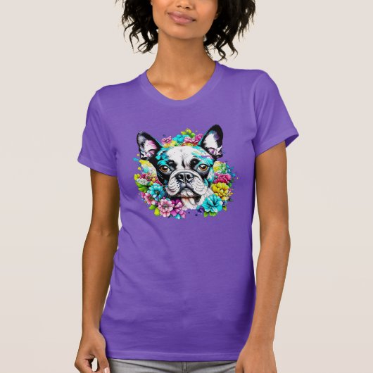 花に囲まれたアイボストンテリア Tシャツ (正面)