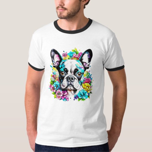 花に囲まれたアイボストンテリア Tシャツ (正面)