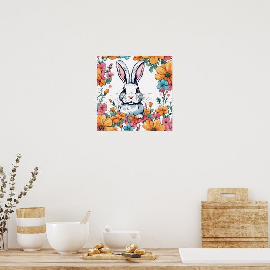 花に囲まれたウサギ ポスター (キッチン)