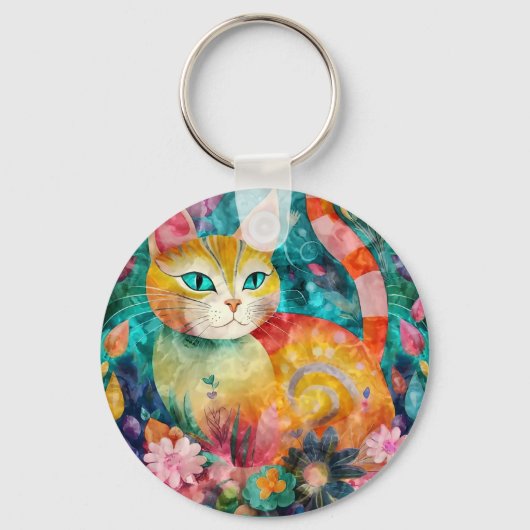 花に囲まれたグリーンアイの猫 キーホルダー (正面)