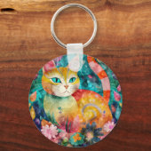 花に囲まれたグリーンアイの猫 キーホルダー (正面)