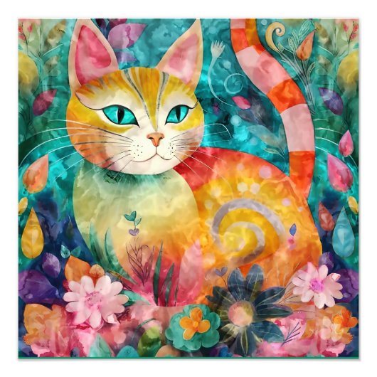 花に囲まれたグリーンアイの猫 フォトプリント (正面)