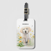 花に囲まれたゴールデンレトリバーの仔犬のオーダーメイドデザイン ラゲッジタグ (正面縦)