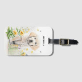 花に囲まれたゴールデンレトリバーの仔犬のオーダーメイドデザイン ラゲッジタグ (正面横)