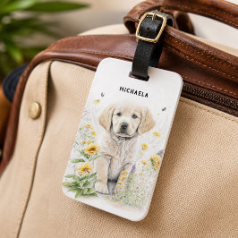 花に囲まれたゴールデンレトリバーの仔犬のオーダーメイドデザイン ラゲッジタグ
