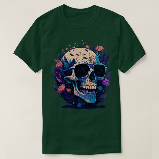 花に囲まれたサングラスに微笑むスカル Tシャツ (デザイン正面)
