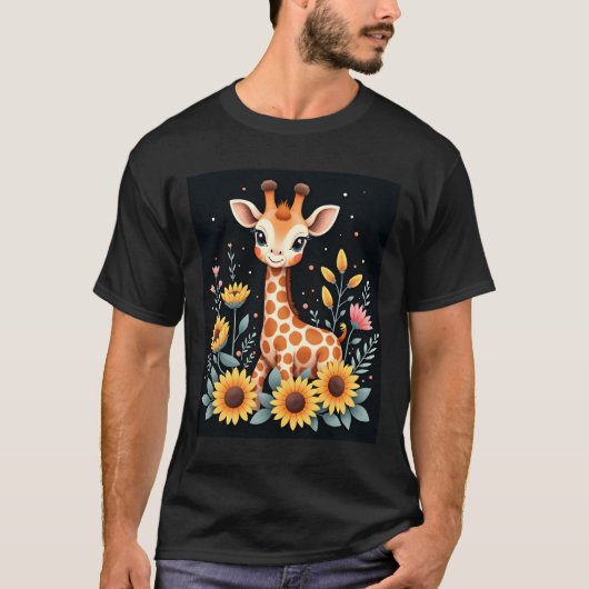 花に囲まれたチャーミングなキリン ロングスリーブ Tシャツ (正面)