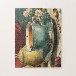 花に囲まれたティーカップとティーポット ジグソーパズル