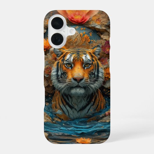 花に囲まれたトラのカバー iPhone 16ケース (裏面)
