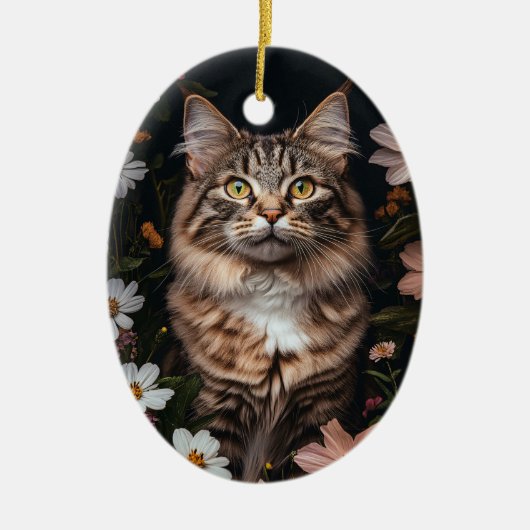 花に囲まれたメーンクーンキャット セラミックオーナメント (正面)