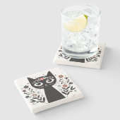 花に囲まれた大きな目をもつ黒猫 ストーンコースター (横)