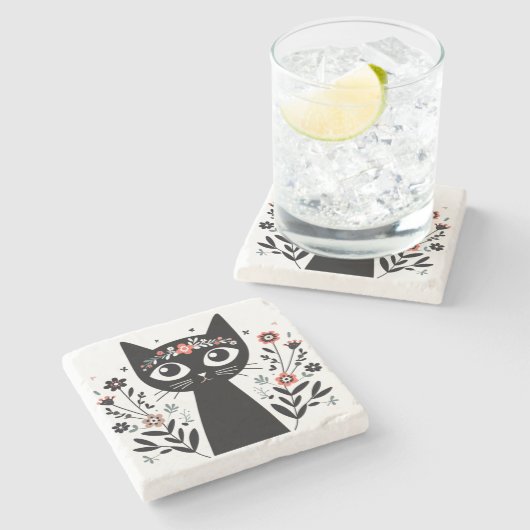 花に囲まれた大きな目をもつ黒猫 ストーンコースター (横)