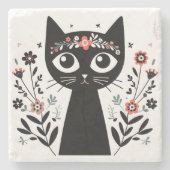 花に囲まれた大きな目をもつ黒猫 ストーンコースター (正面)