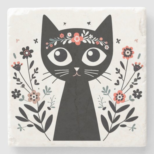花に囲まれた大きな目をもつ黒猫 ストーンコースター (正面)