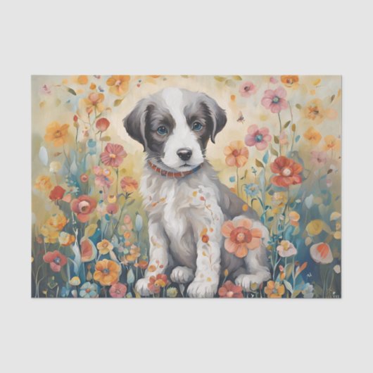 花に囲まれた子犬のデコパージュティッシュペーパー 薄葉紙 (正面)