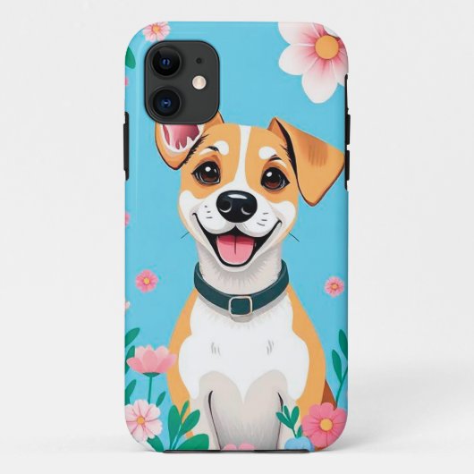 花に囲まれた微笑みを浮かべる漫画犬 Case-Mate iPhoneケース (裏面)