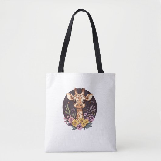 花に囲まれた愛らしいキリン トートバッグ (正面)