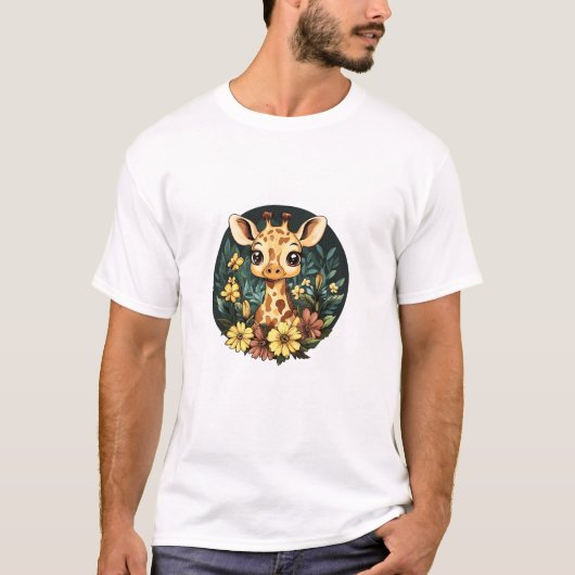 花に囲まれた愛らしいキリン_4 Tシャツ (正面)