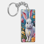 花に囲まれた愛らしい白い鮮やかバニー キーホルダー (正面左)