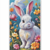 花に囲まれた愛らしい白い鮮やかバニー シール (正面)