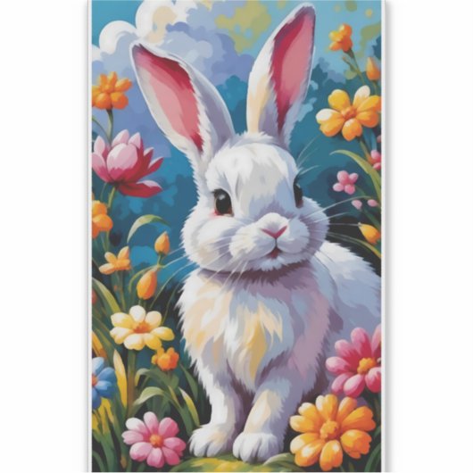 花に囲まれた愛らしい白い鮮やかバニー シール (正面)