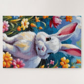 花に囲まれた愛らしい白い鮮やかバニー ジグソーパズル (横)