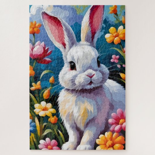 花に囲まれた愛らしい白い鮮やかバニー ジグソーパズル (縦)