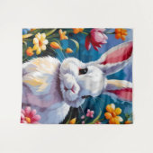 花に囲まれた愛らしい白い鮮やかバニー タペストリー (正面(横))