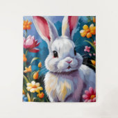 花に囲まれた愛らしい白い鮮やかバニー タペストリー (正面)