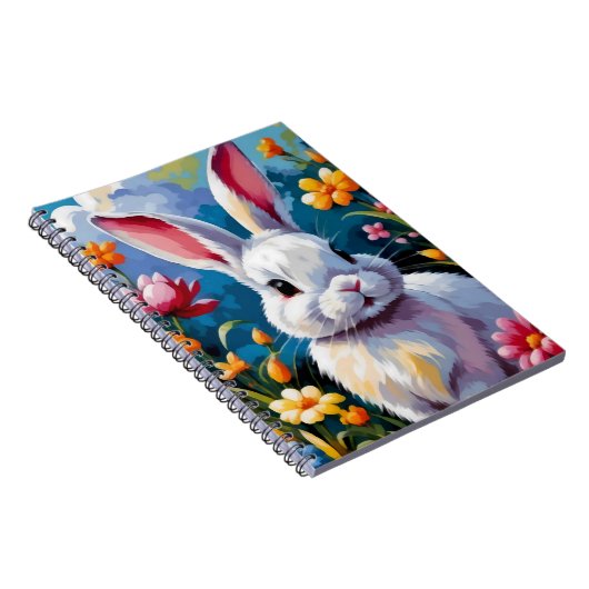 花に囲まれた愛らしい白い鮮やかバニー ノートブック (右側)