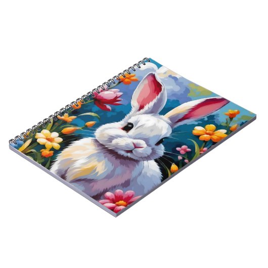 花に囲まれた愛らしい白い鮮やかバニー ノートブック (左側)