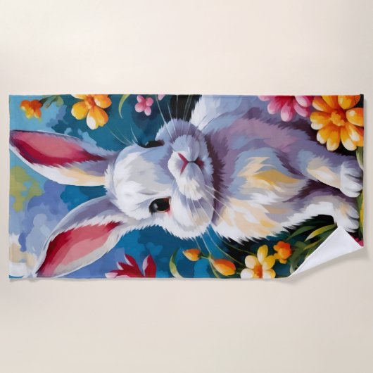 花に囲まれた愛らしい白い鮮やかバニー ビーチタオル (正面)