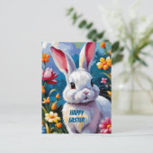 花に囲まれた愛らしい白い鮮やかバニー ポストカード (スタンド正面)