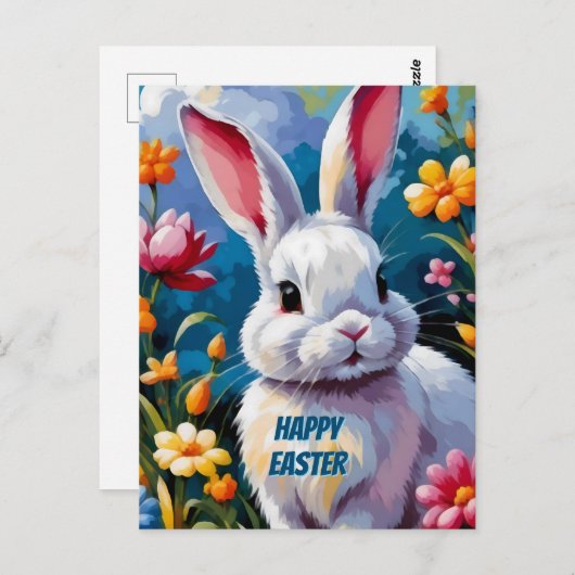 花に囲まれた愛らしい白い鮮やかバニー ポストカード (正面/裏面)